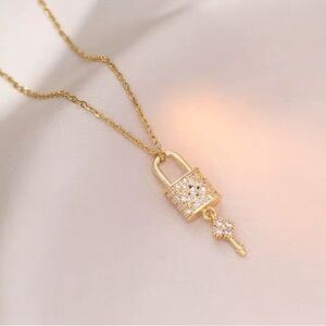 Key Lock 18K Gold Stainless Steel Crystal Necklace